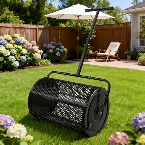 Bringstar 24" Compost Spreader for Lawn, Peat Moss & Manure Roller Spreader with Adjustable T-Shaped Handle, Heavy-Duty Metal Mesh Basket Topdressing Spreader for Soil, Sand, Seed & Fertilizer, Black