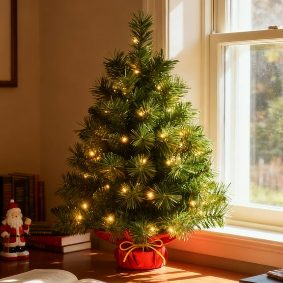 Bringstar 2ft Pre-Lit Artificial Mini Christmas Tree with 50 LED Lights, Tabletop Green Xmas Tree with Red Base for Holiday Home, Office, or Party Décor