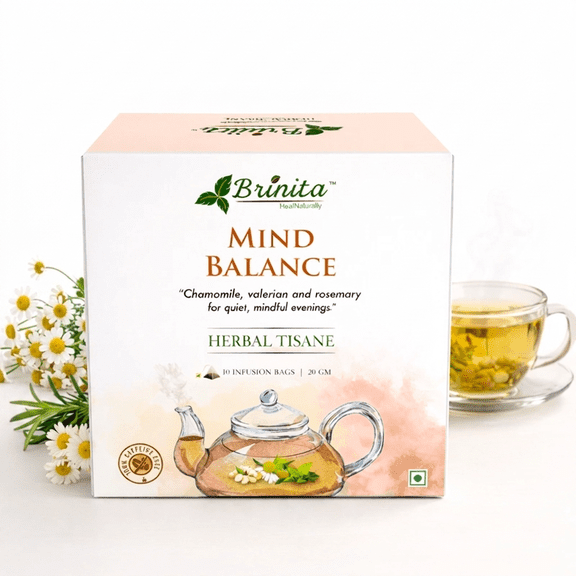 Brinita Mind Balance Tisane | 10 Pyramid Tea Bags | Chamomile, Valerian Root, Basil, Rosemary & Mint Ginger | Stress Relief, Anxiety, Deep Sleep, Focus & Calm | Caffeine Free Herbal Tea | 20g