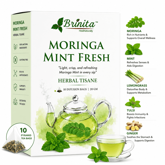 Brinita Herbal Tea Bags, Moringa, Tulsi, Mint, Lemongrass, Caffeine-Free, 10 Count