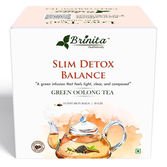 Brinita Slim Detox Balance | 10 Pyramid Tea Bags | Green Oolong Tea with Ayurvedic Herbs | Supports Weight Loss, Metabolism & Detox | CaffeineLight, 20g