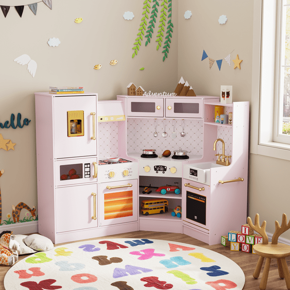 Brinjoy Basics Corner Wooden Kitchen Playset for Kids - Complete Pretend Play Set with Stove, Oven, Sink & Fridge, Toy Gift for Toddlers & Preschoolers