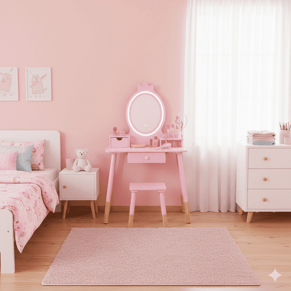 Brinjoy Illuminated Princess Vanity Set with Mirror - Wooden Makeup Dressing Table with Lights, Stool, Jewelry Rack & Storage, Girls Pretend Play Beauty Kit