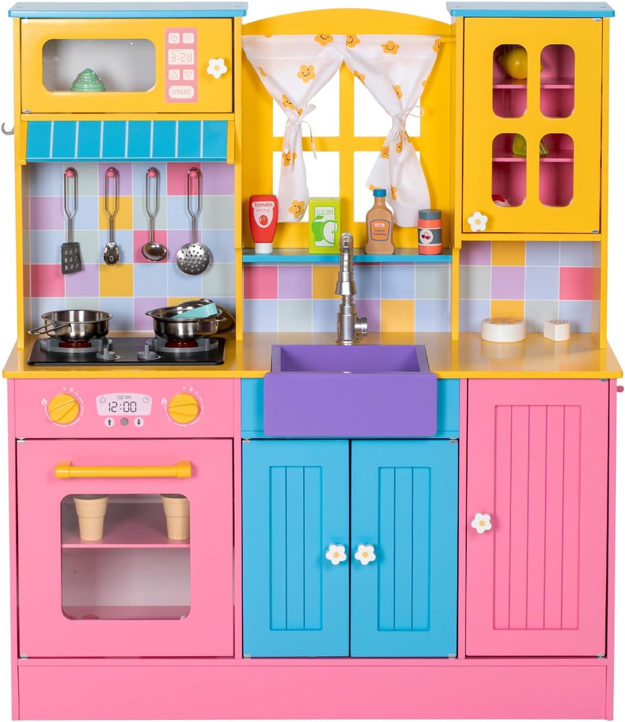 Kids Kitchen Playset, Wooden Pretend Play Kitchen for Kids w/Faucet ...