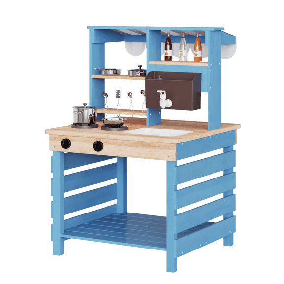 Brinjoy Kids Mud Kitchen & Sensory Play Station - BRINJOY Double-Sided Wooden Design with Realistic Faucet, Sink & Menu for Imaginative Backyard Fun
