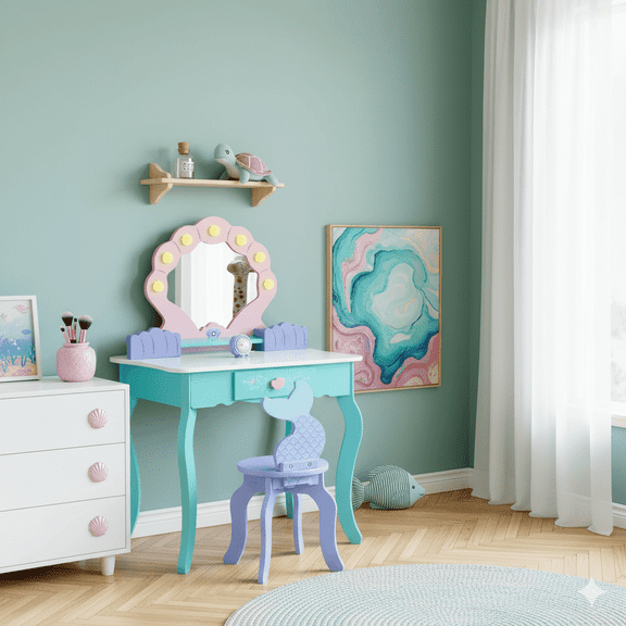 Brinjoy Ocean Theme 2-in-1 Vanity Set with Lights - Wooden Princess Dressing Table & Chair with Mirror, Little Girl Makeup Playset for Birthday & Christmas Gift