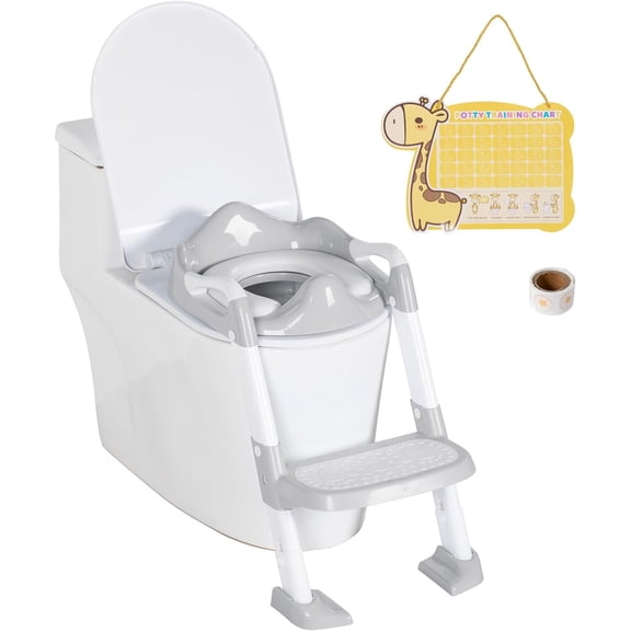 Brinjoy Potty Training Seat with Step Stool, Toddler Toilet Seat w/Ladder, Potty Training Chart, Splash Guard & Upgraded Non-Slip Pads, Kids Foldable Training Toilet Potty Chair(Gray)