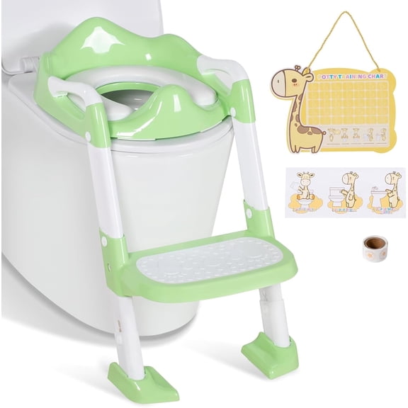Brinjoy Potty Training Seat with Step Stool, Toddler Toilet Seat w/Ladder, Potty Training Chart, Splash Guard & Upgraded Non-Slip Pads, Kids Foldable Training Toilet Potty Chair(Green)