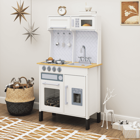 Brinjoy Wooden Play Kitchen for Kids - Complete Pretend Cooking Set with Realistic Microwave, Oven, Sink, Apron & Storage, Educational Toy Gift for Ages 3+