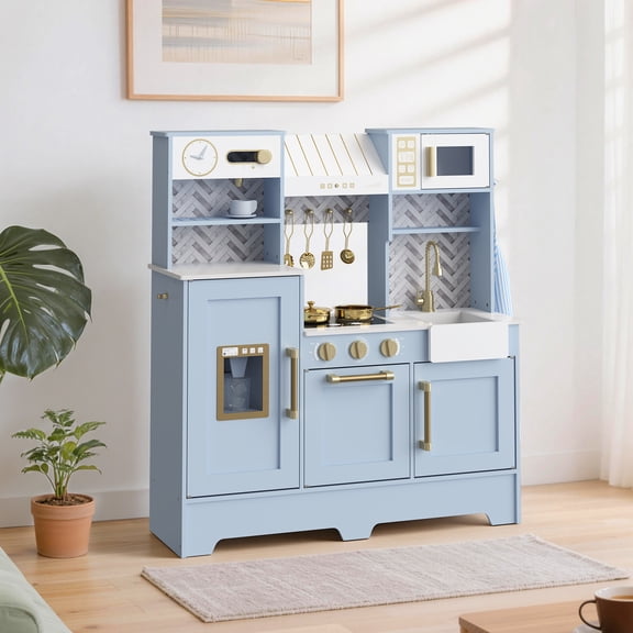 Brinjoy Wooden Play Kitchen Set with Coffee Maker - Complete Pretend Play Kitchen for Kids, Includes Oven, Sink, Apron & Cookware, Toy Gift for Toddlers 3+