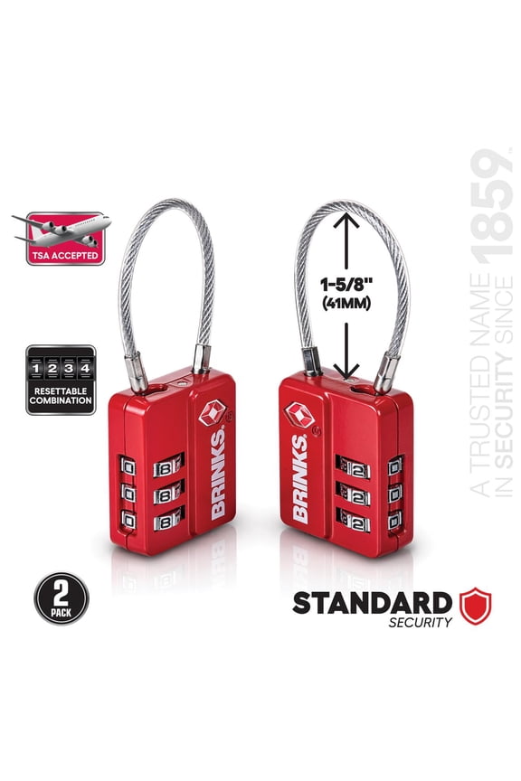 3-Dial Combination TSA Luggage Padlock with 1-7/10in Steel Cable Shackle, 2-Pack