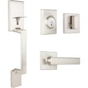 Brinks, Contemporary Keyed Entry Door Handle Set with Flat Lever and Deadbolt, Satin Nickel