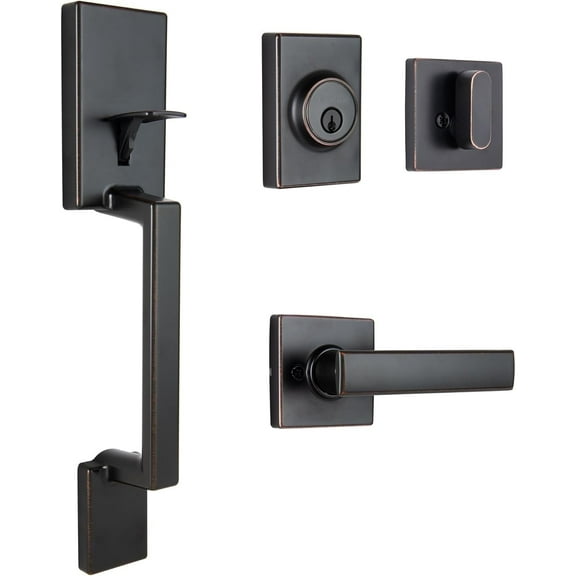 Brinks Contemporary Keyed Entry Door Handle Set with Flat Lever and Deadbolt, Tuscan Bronze