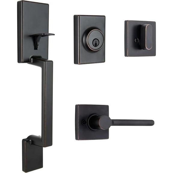 Brinks, Contemporary Keyed Entry Door Handle Set with Straight Lever and Deadbolt, Tuscan Bronze