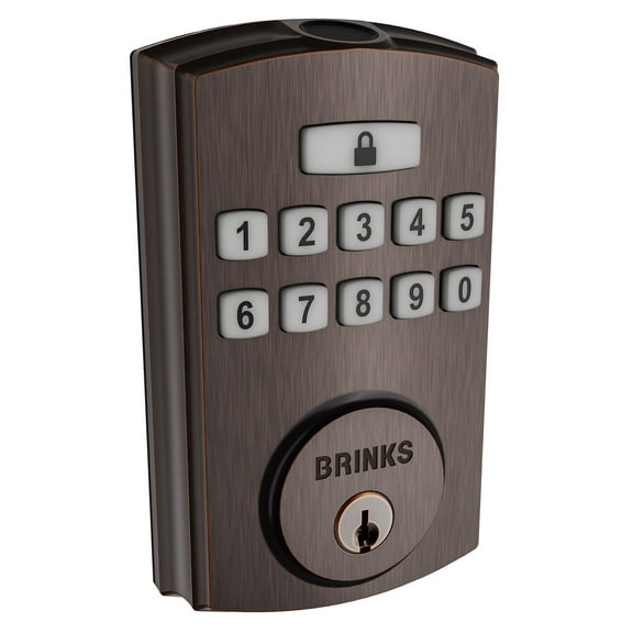 Open Box Brinks Electronic Fingerprint/Keypad Deadbolt Lock with Pro-Guard, Transitional, Tuscan Bronze