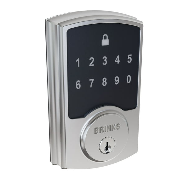Open Box Brinks Electronic Touchpad Deadbolt with Pro-Guard, Transitional, Satin Nickel