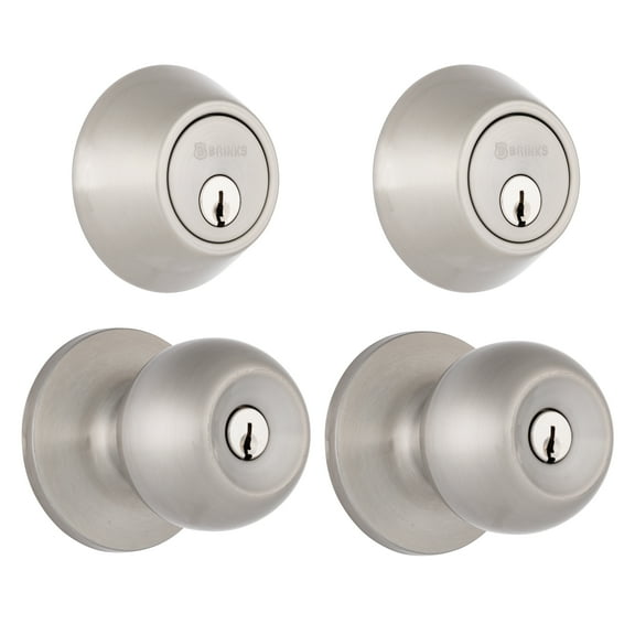 Brinks, Keyed Door Knob & Deadbolt Set, Satin Nickel Finish, 2-Pack