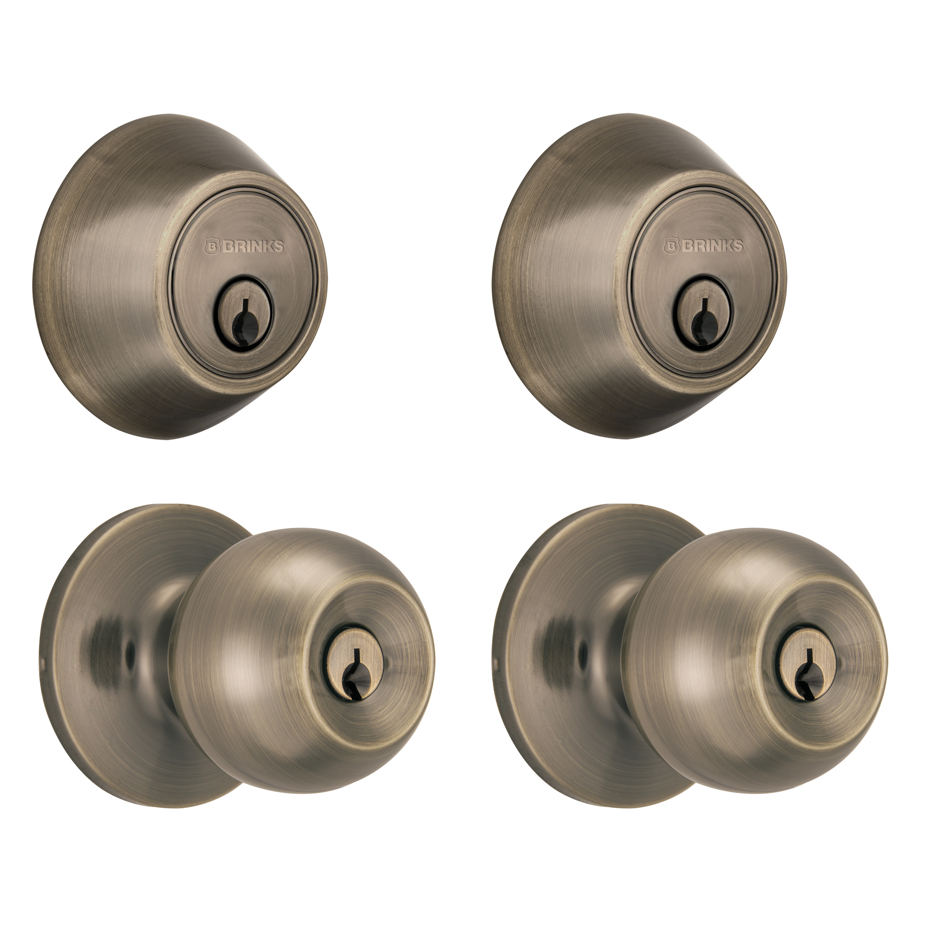 Brinks Keyed Entry Ball Style Doorknob and Deadbolt Combo, Antique Brass Finish, Twin Pack - image 1 of 15