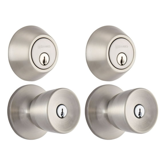 Brinks Keyed Entry Classic Bell Style Doorknob and Deadbolt Combo Twin pack, Satin Nickel Finish