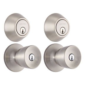 Brinks Keyed Entry Classic Bell Style Doorknob and Deadbolt Combo Twin pack, Satin Nickel Finish