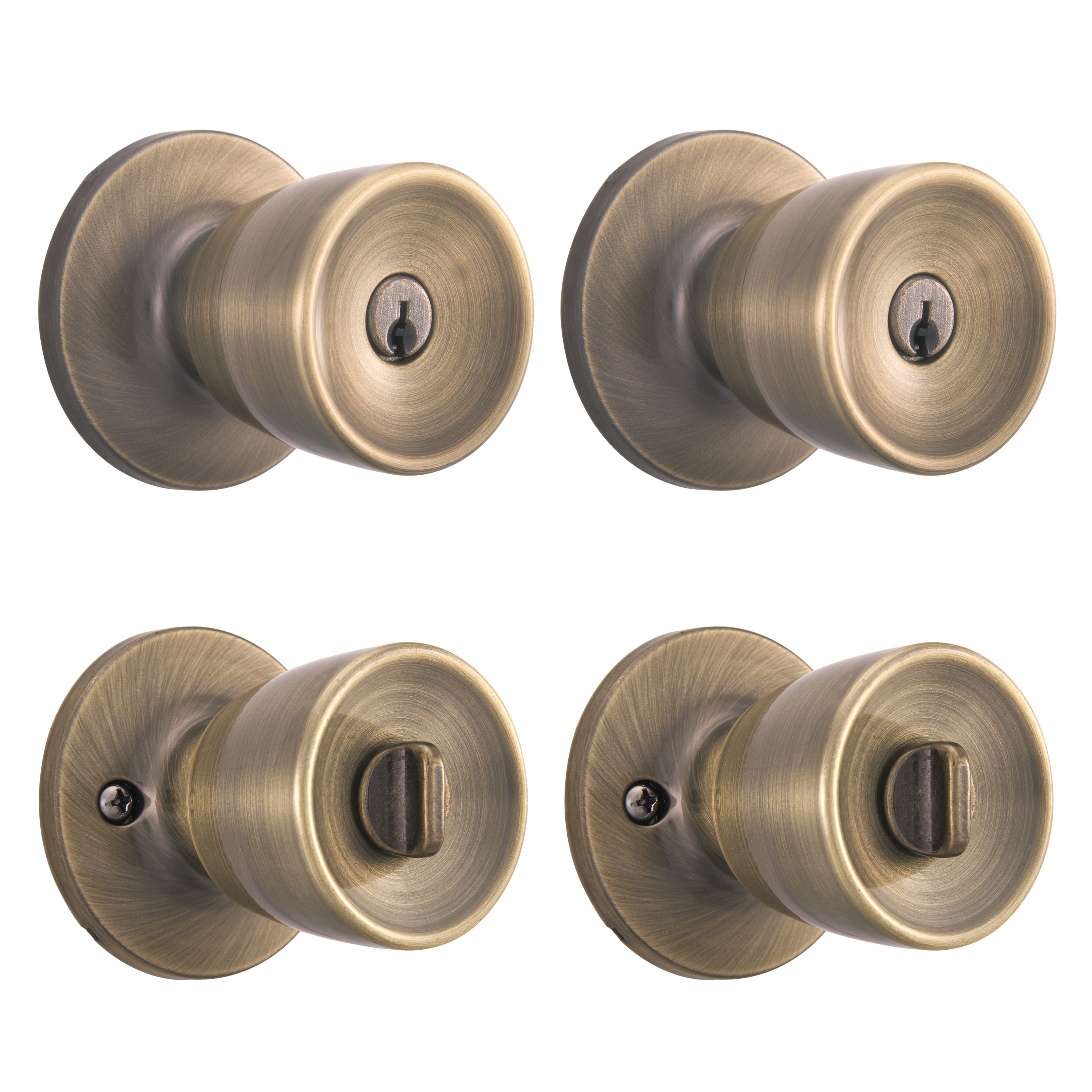 Brinks, Keyed Entry Tulip Doorknob, Antique Brass Finish, Twin Pack