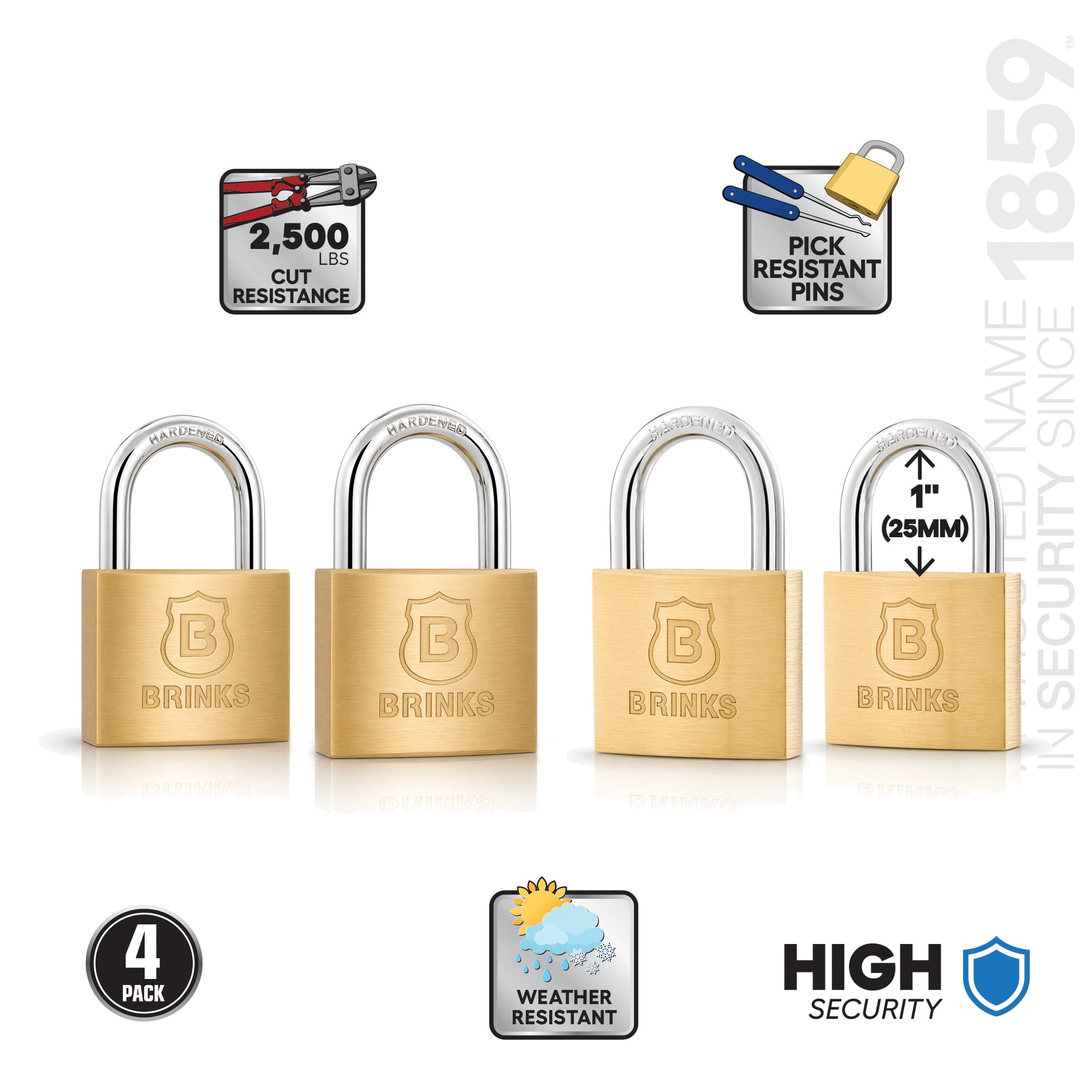 Brinks Solid Brass 40mm Keyed Padlock with 7/8in Shackle, 4 pack
