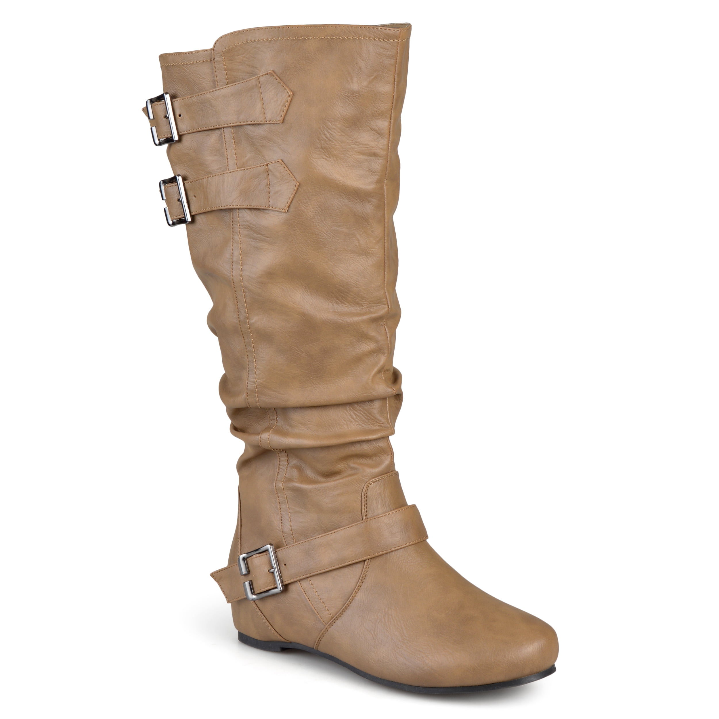Women's Extra Wide Calf Buckle Slouch Low-wedge Boots 