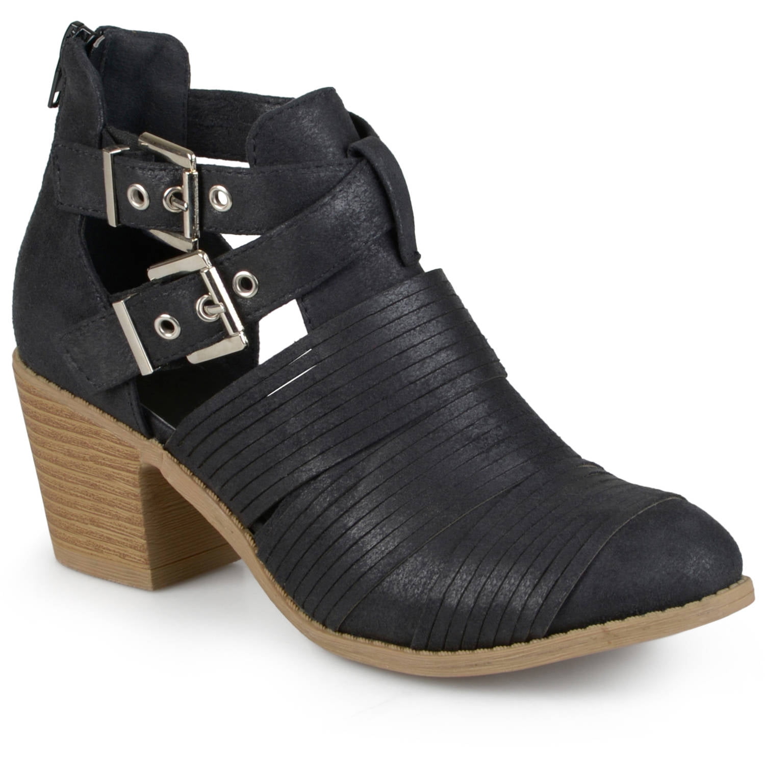 Brinley Co. Women's Faux Leather Stacked Heel Cut Out Buckle Boots