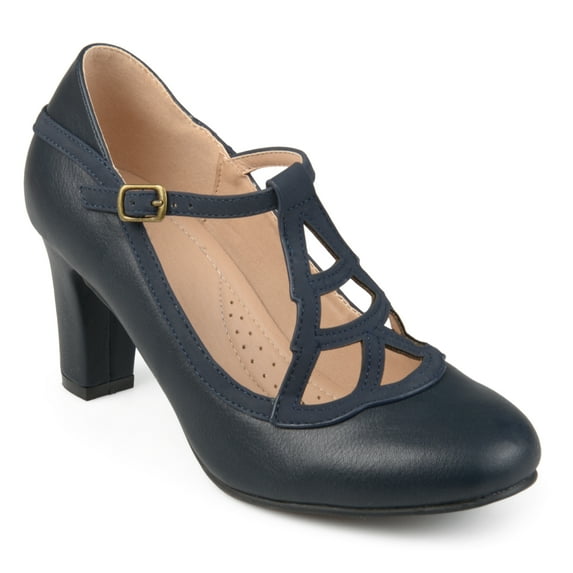 Brinley Co. Womens Faux Leather Two-tone Comfort-sole Vintage Round Toe Lattice Mary Jane Pumps