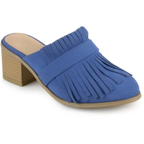 Brinley Co. Womens Stacked Heel Faux Suede Fringe Mules