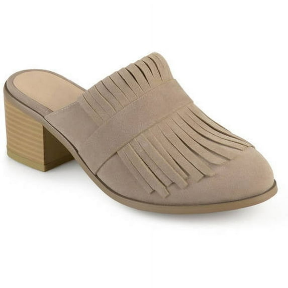Brinley Co. Womens Stacked Heel Faux Suede Fringe Mules
