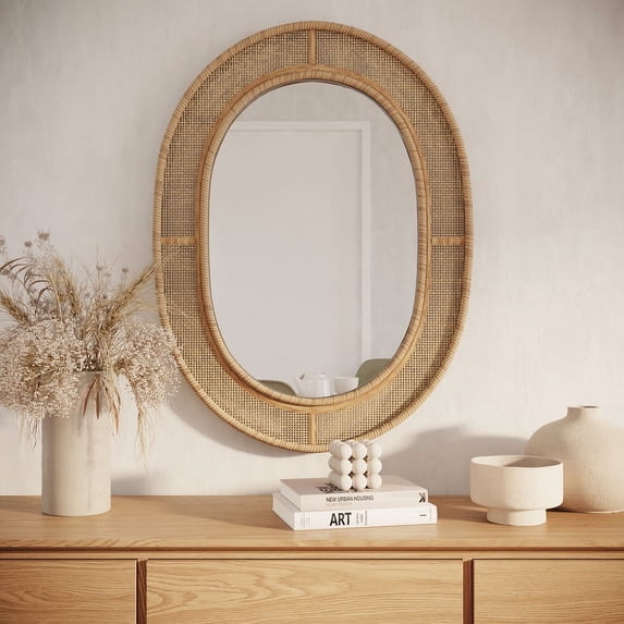 Brinley Tan Rattan-Bamboo Oval Boho Wall Mirror