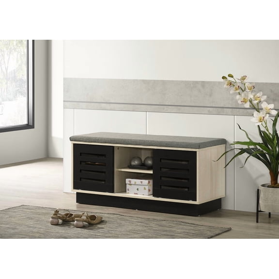 Brio 38.5"W Oak Finish Shoe Cabinet with Sliding Doors, Upholstered Top