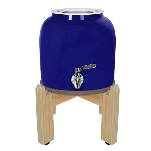 Brio Blue Water Dispenser Crock, Includes 8 inch Wood Stand, Stainless Steel Faucet and Lid