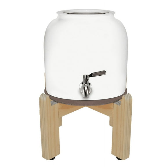 Brio Porcelain White Ceramic Water Dispenser Includes 8 Inch Wood Stand, Faucet and Lid
