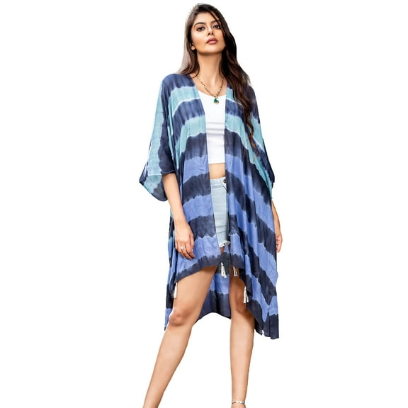 Brisas Gradation Aqua to Blue Painted Beach Cover Up for Women Used as Swimsuit, Cardigan, Kimono for Super Soft Loungewear, Travel and Holiday - Horizontal Pattern