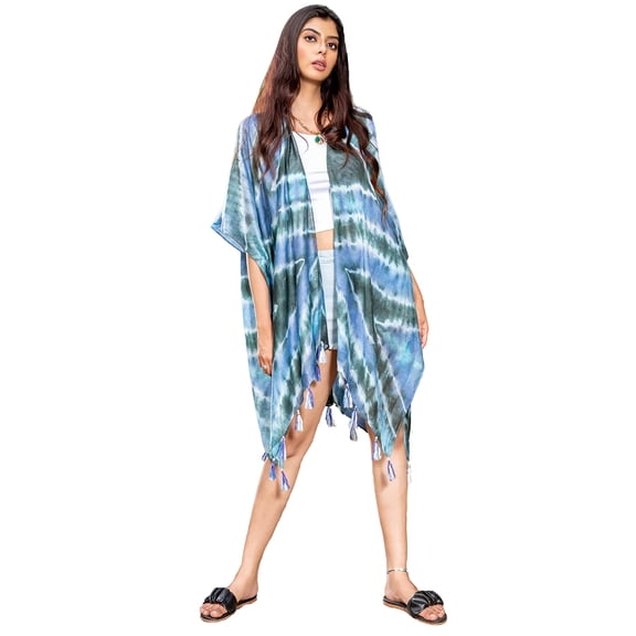Brisas Hand Tie and Dyed Blue/Olive Beach Cover Up for Women Used as Swimsuit, Cardigan, Kimono for Super Soft Loungewear, Travel and Holiday - Diamond Pattern