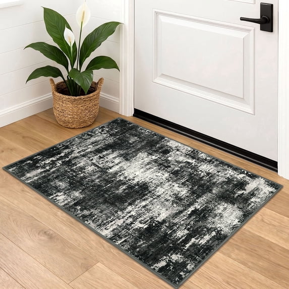 Brisasol Small Rugs 2x3 Washable Throw Rugs with Rubber Backing Non-Slip Soft Black Grey Kitchen Rugs Low Pile Front Door Mat for Foyer Entrance