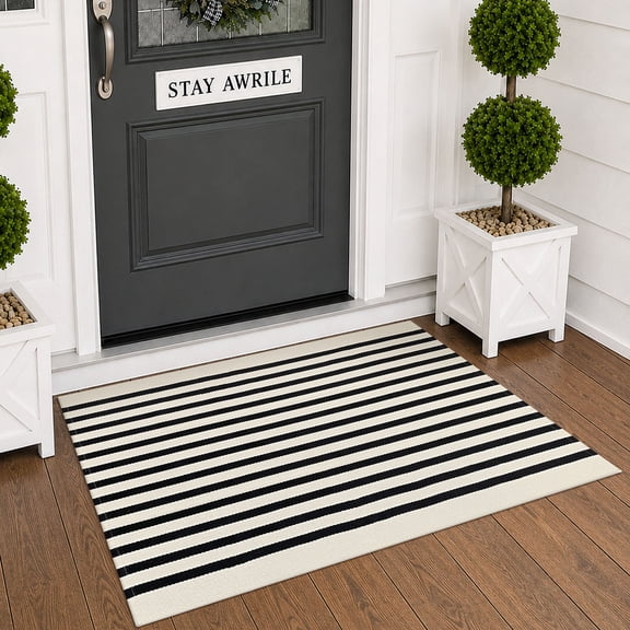 Brisasol Outdoor Indoor Doormat 2.3x3.6 Black and Beige Striped Rug Washable Outdoor Rug Front Door Mat Layered Door Mat for Porch, Entryway Patio