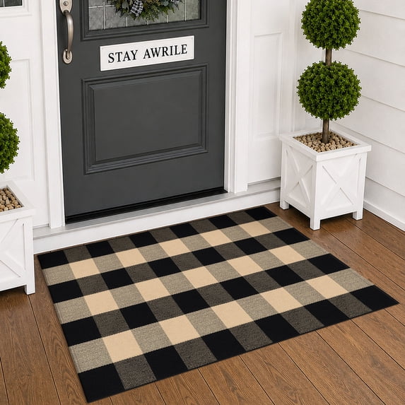 Brisasol Outdoor Indoor Doormat 2.3x3.6 Brown and Black Buffalo Plaid Rug Washable Outdoor Rug Front Door Mat Layered Door Mat for Porch, Entryway Patio