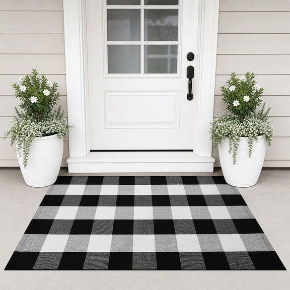 Brisasol Outdoor Indoor Doormat 2.3x3.6 Black and White Buffalo Plaid Rug Washable Outdoor Rug Front Door Mat Layered Door Mat for Porch, Entryway Patio