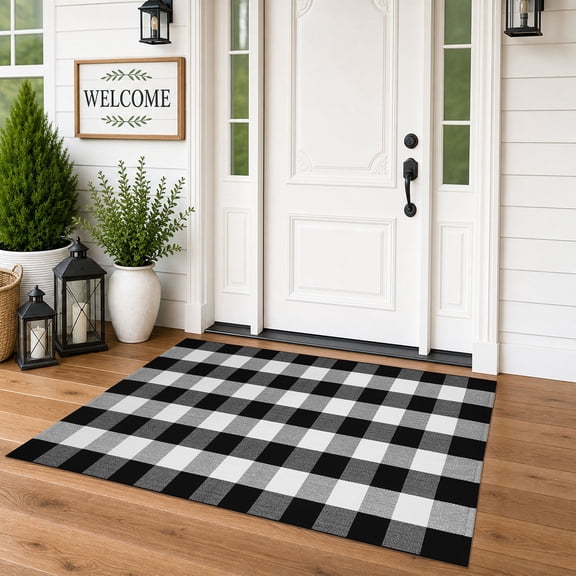 Brisasol Outdoor Rugs 3x5 Black and White Buffalo Plaid Checkered Rug Washable Front Door Mat Layered Door Mat for Porch Entryway Patio