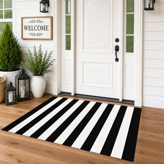 Brisasol Outdoor Rugs 3x5 Black and White Striped Rug Washable Front Door Mat Layered Door Mat for Porch Entryway Patio