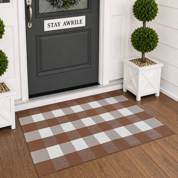 Brisasol Outdoor Indoor Doormat 2.3x3.6 Coffee and White Buffalo Plaid Rug Washable Outdoor Rug Front Door Mat Layered Door Mat for Porch, Entryway Patio