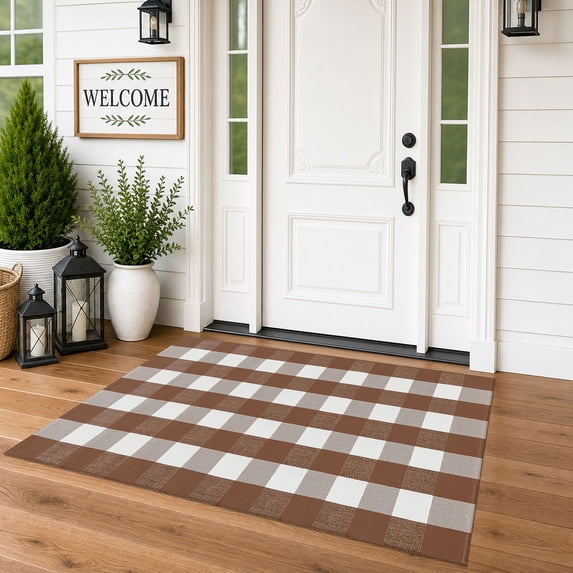 Brisasol Outdoor Rugs 3x5 Coffee and White Buffalo Plaid Checkered Rug Washable Front Door Mat Layered Door Mat for Porch Entryway Patio