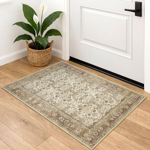 Brisasol Small Rug 2x3 Throw Rug with Rubber Backing Washable Beige Brown Indoor Door Mat Non Slip Vintage Floral Rugs for Kitchen Entryway