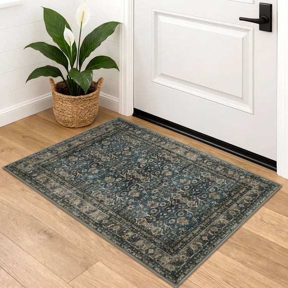 Brisasol Small Rug 2x3 Throw Rug with Rubber Backing Washable Blue Brown Indoor Door Mat Non Slip Vintage Floral Rugs for Kitchen Entryway