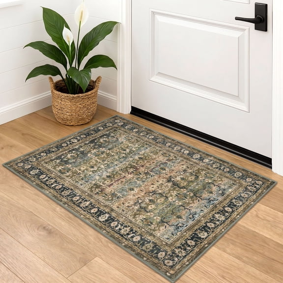 Brisasol Small Rug 2x3 Throw Rug with Rubber Backing Washable Olive Charcoal Indoor Door Mat Non Slip Vintage Floral Rugs for Kitchen Entryway