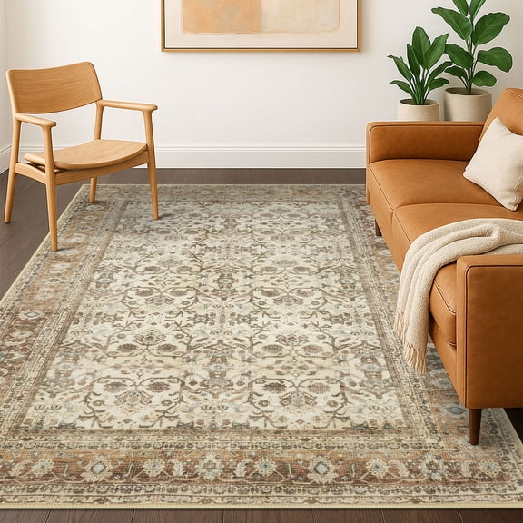 Brisasol Washable 5x7 Area Rug for Living Room Beige Brown Large Vintage Rug with Rubber Backing Low Pile Floor Carpet for Bedroom Entryway Home Office