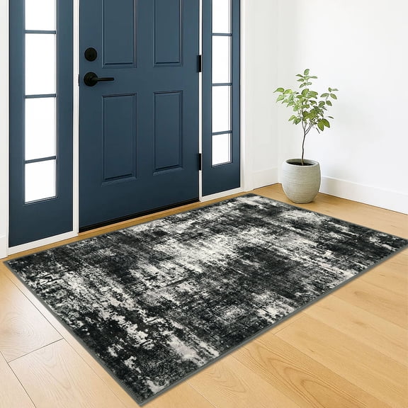 Brisasol 3x5 Washable Rug Modern Abstract Small Area Rug with Rubber Backing Soft Black Grey Entryway Rugs Indoor Carpet Floor Rugs Front Door Mat for Bedroom Kitchen